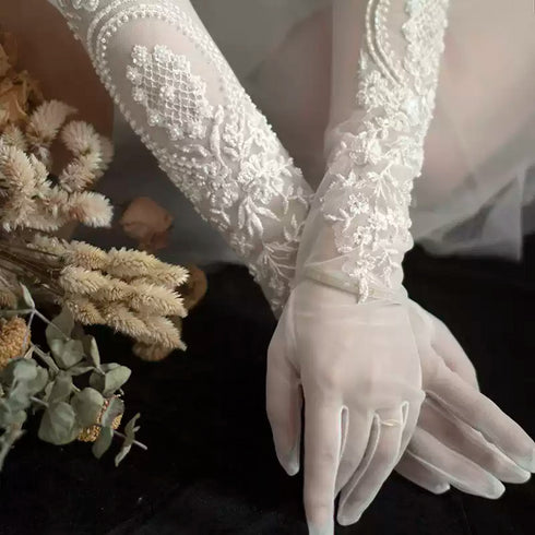 White Bridal Lace Gloves – Intricate Embroidered Long Wedding Gloves